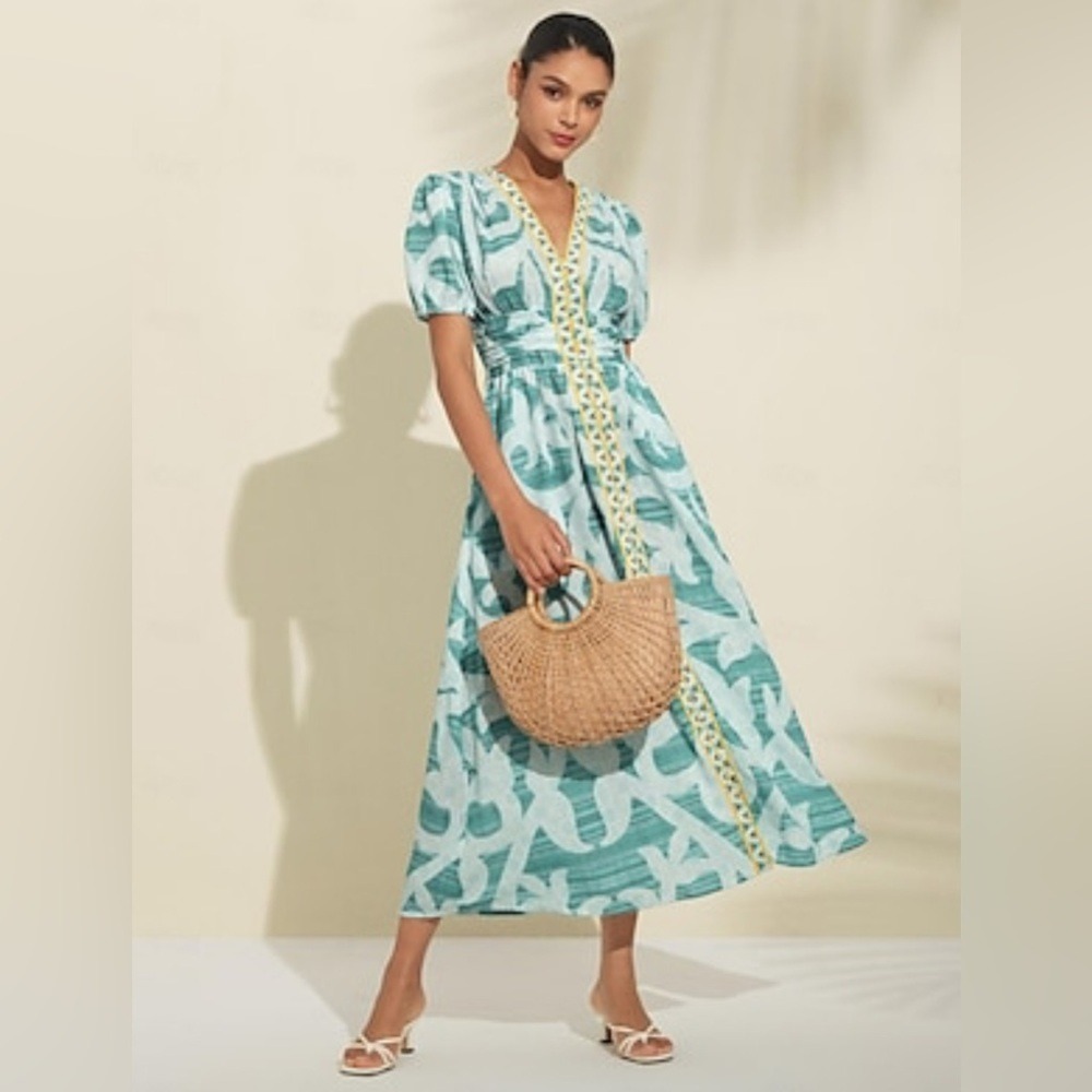 ADOR Teal White Abstract Print Puff Sleeve V-Neck Smocked Back Midi Dress Medium